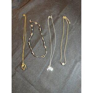 Lot Of 4 Necklaces Gold Tone Silver Tone Heart Charm M Initial Rhinestone Ball